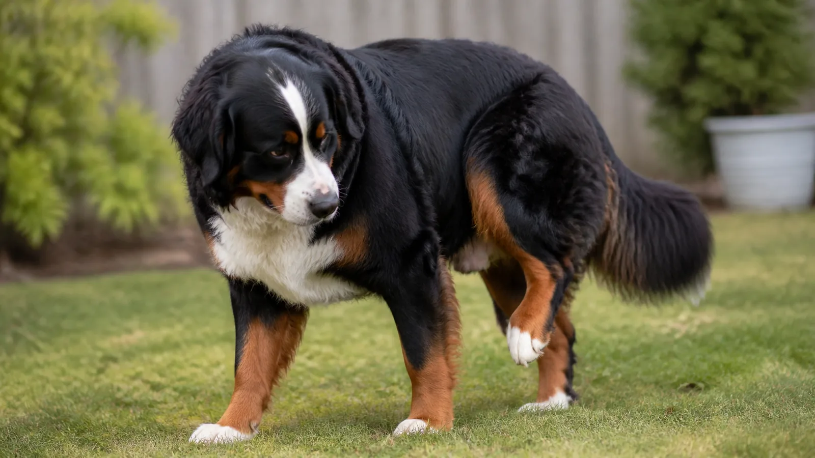Bernese Mountain Dog standing in a yard, gently favoring or lifting a rear leg.