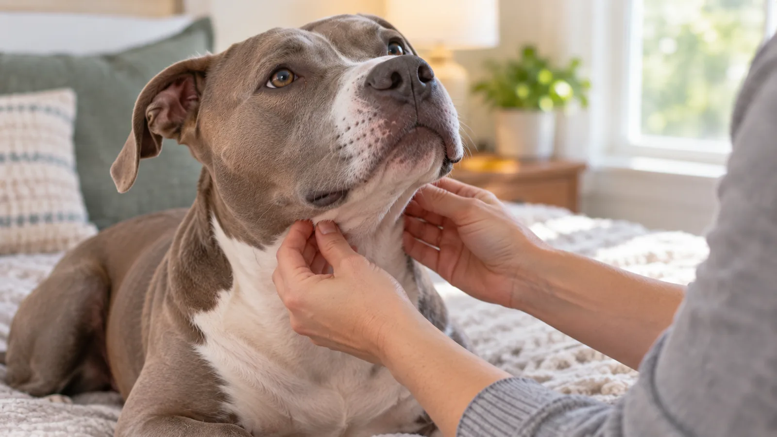 A person's hands feeling the glands under the jaw of a grey and white dog lying on a bed.